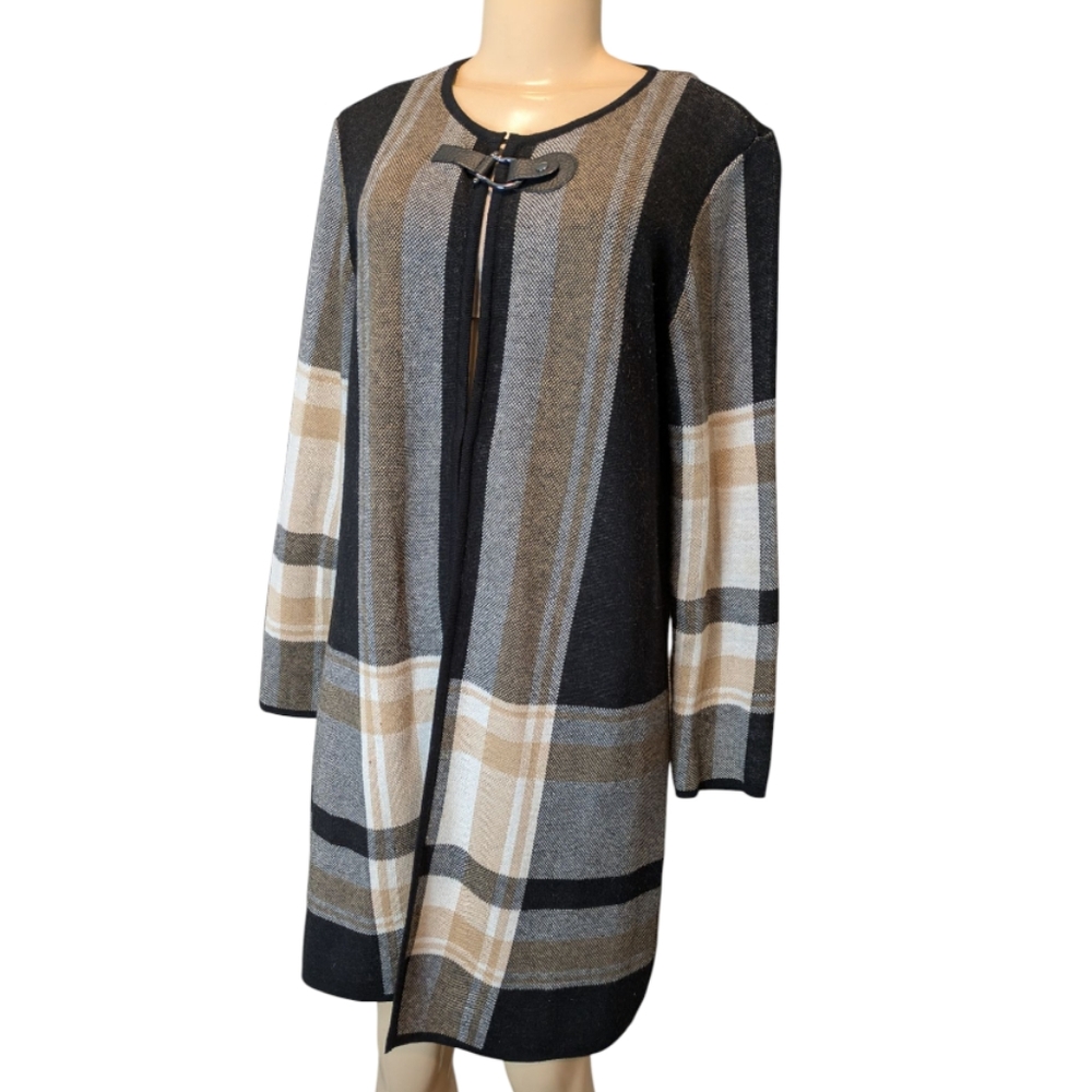 Kasper Black Tan Cream Plaid Long Cardigan Sweater Leather Toggle Closure Medium